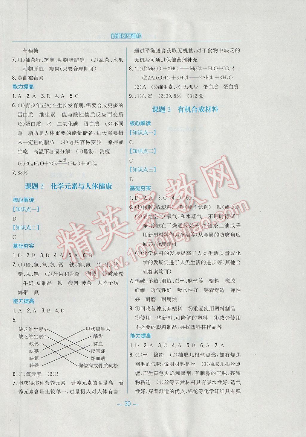 2017年新编基础训练九年级化学下册人教版 参考答案第10页