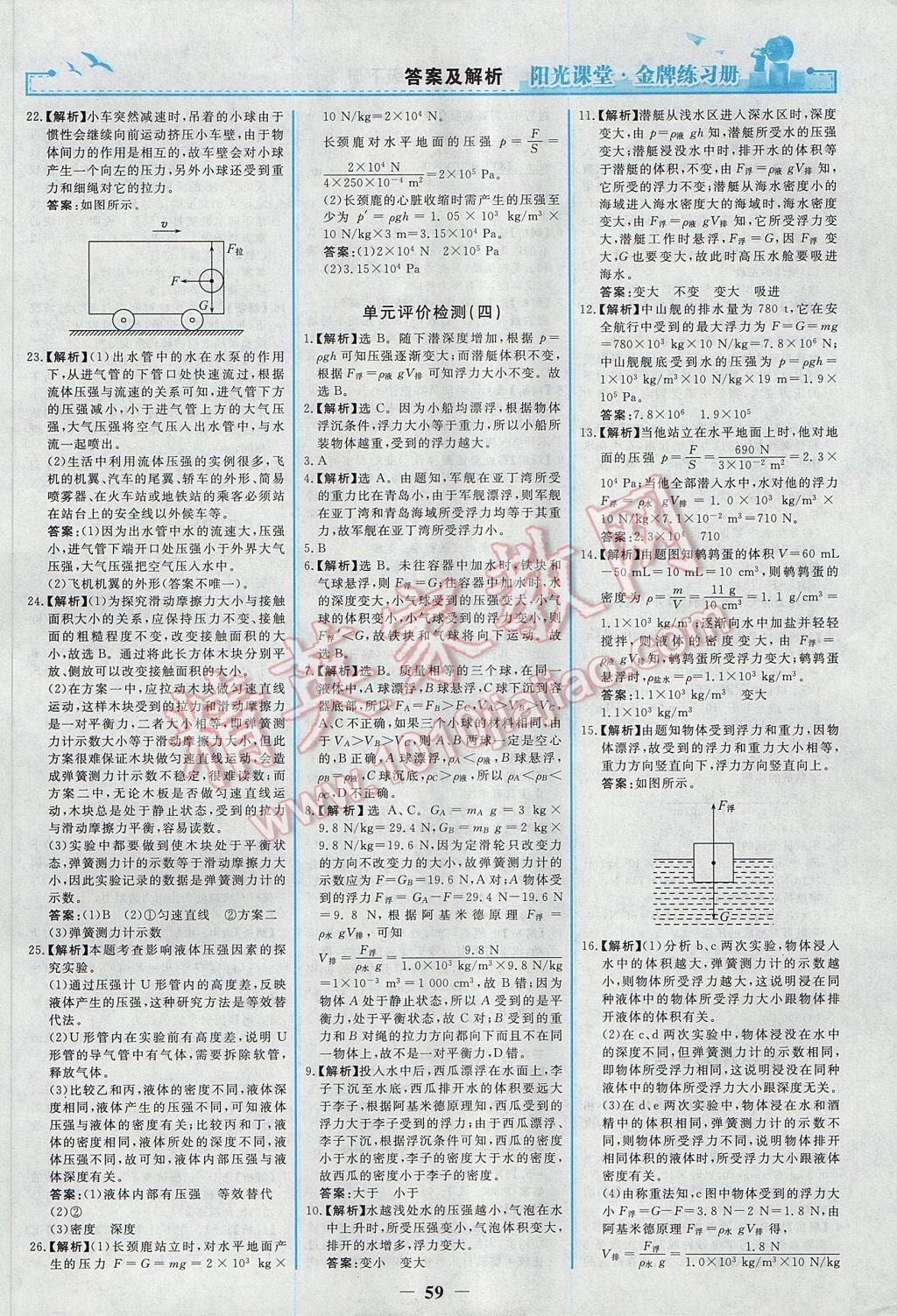 2017年阳光课堂金牌练习册八年级物理下册人教版 参考答案第19页