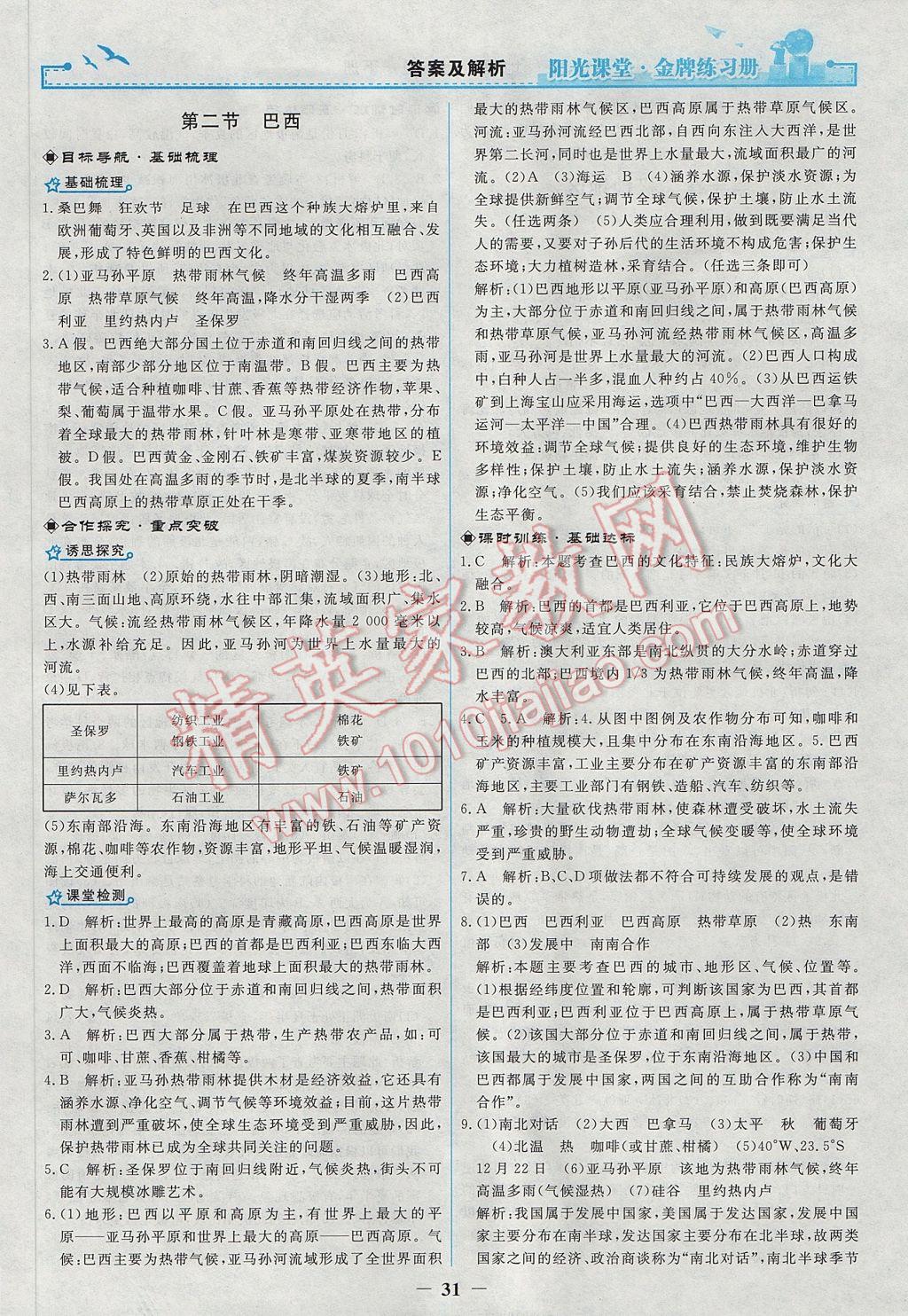 2017年陽光課堂金牌練習(xí)冊七年級地理下冊人教版 參考答案第11頁