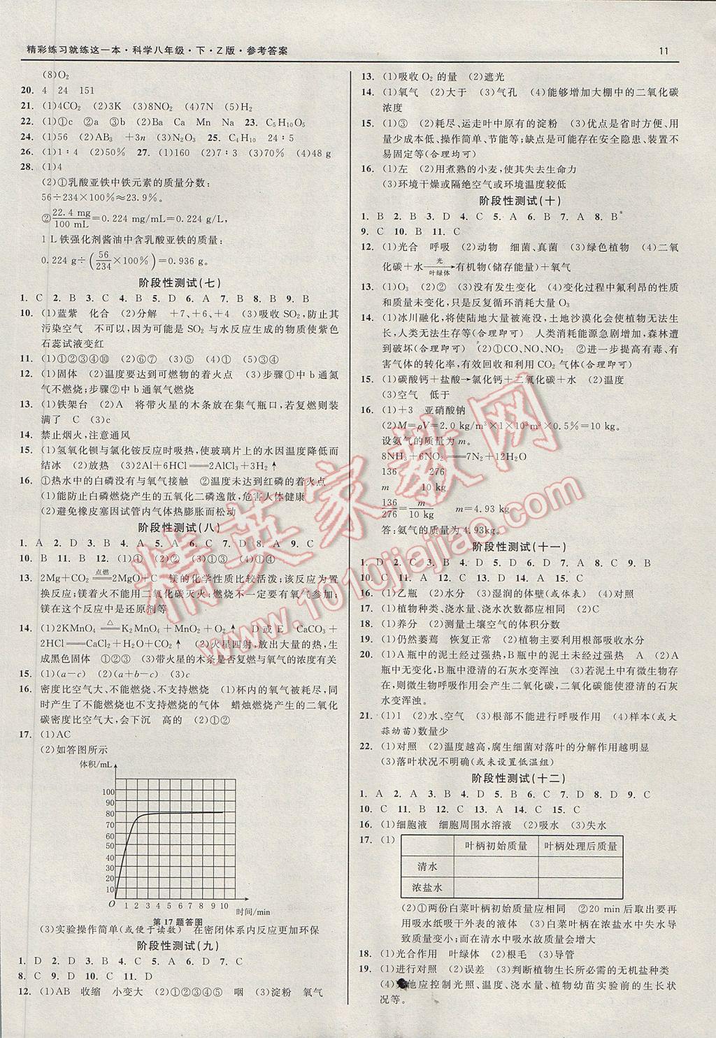 2017年精彩练习就练这一本八年级科学下册浙教版 参考答案第11页