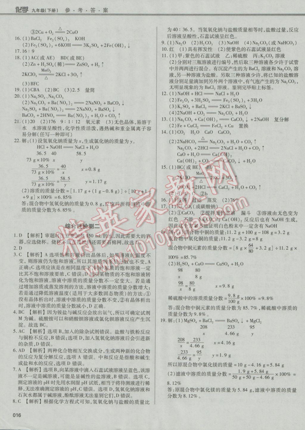 2017年學習質量監(jiān)測九年級化學下冊人教版 參考答案第16頁