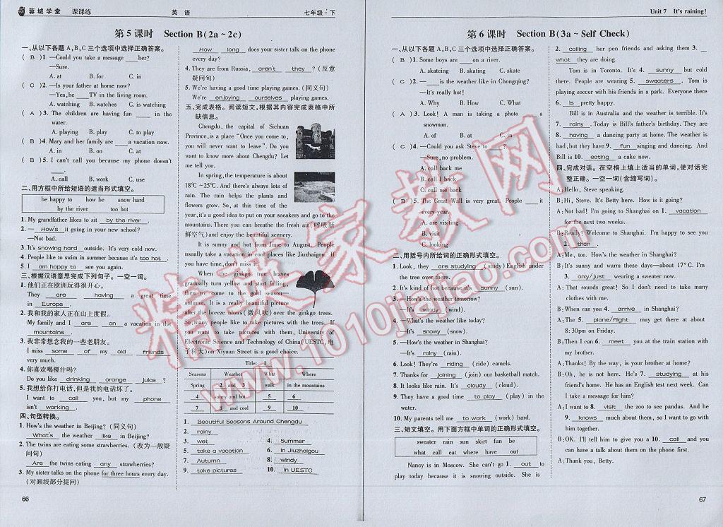 2017年蓉城學(xué)堂課課練七年級英語下冊 參考答案第36頁