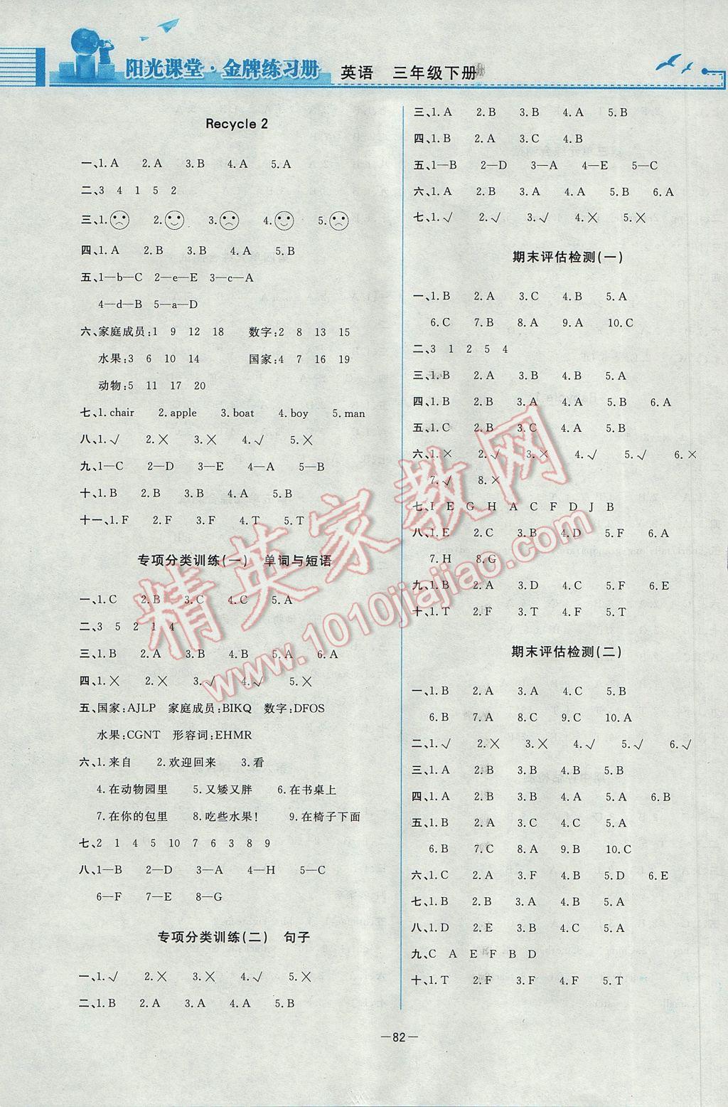 2017年陽光課堂金牌練習冊三年級英語下冊人教版 參考答案第10頁