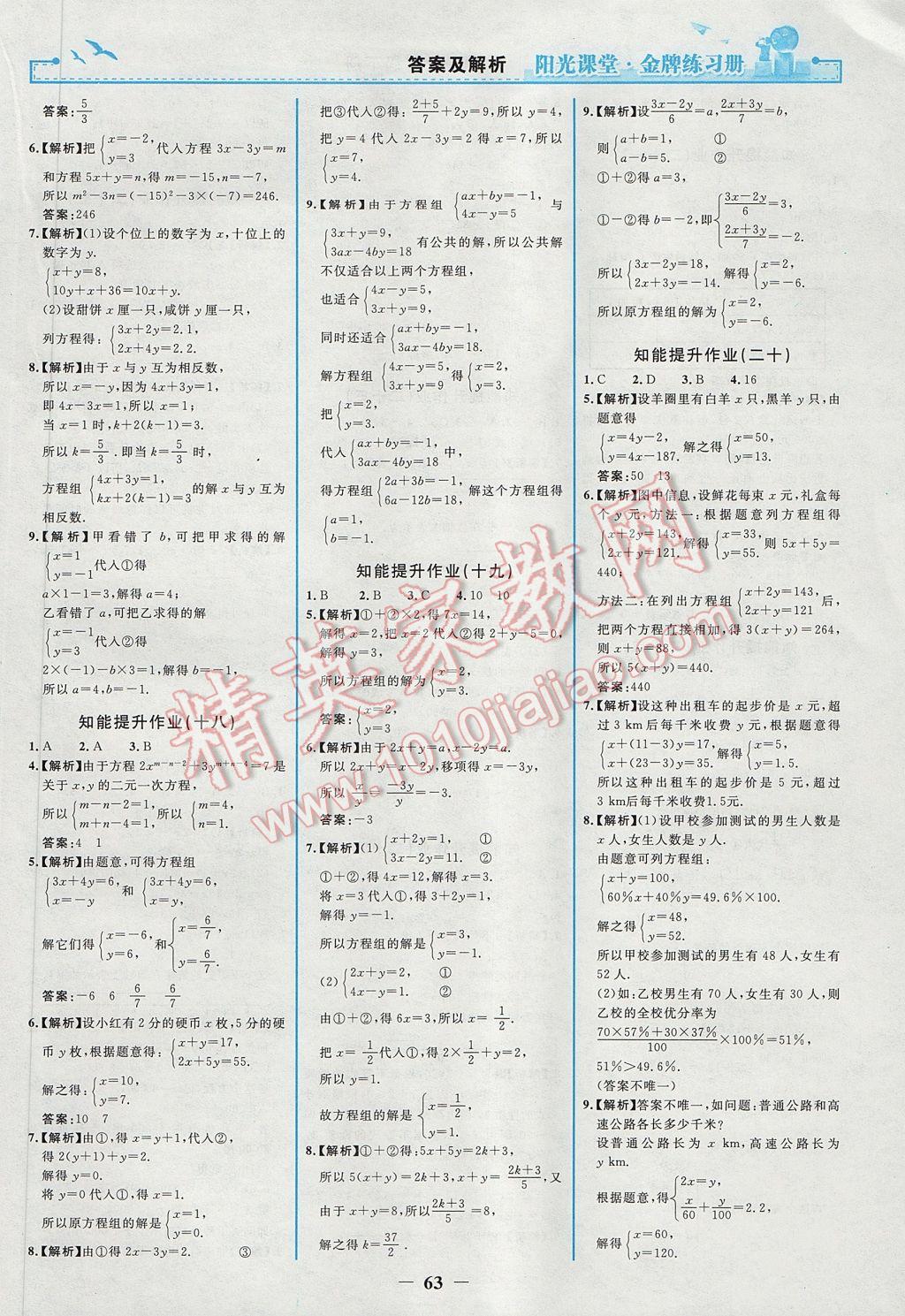 2017年陽光課堂金牌練習冊七年級數學下冊人教版 參考答案第15頁