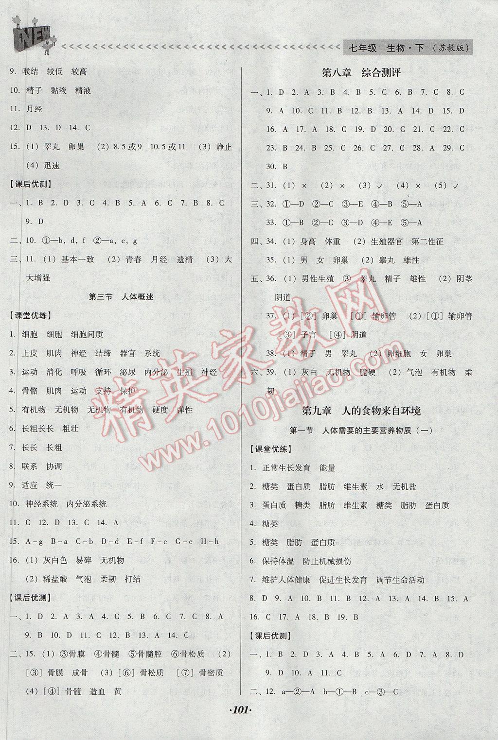 2017年全優(yōu)點練課計劃七年級生物下冊蘇教版 參考答案第2頁