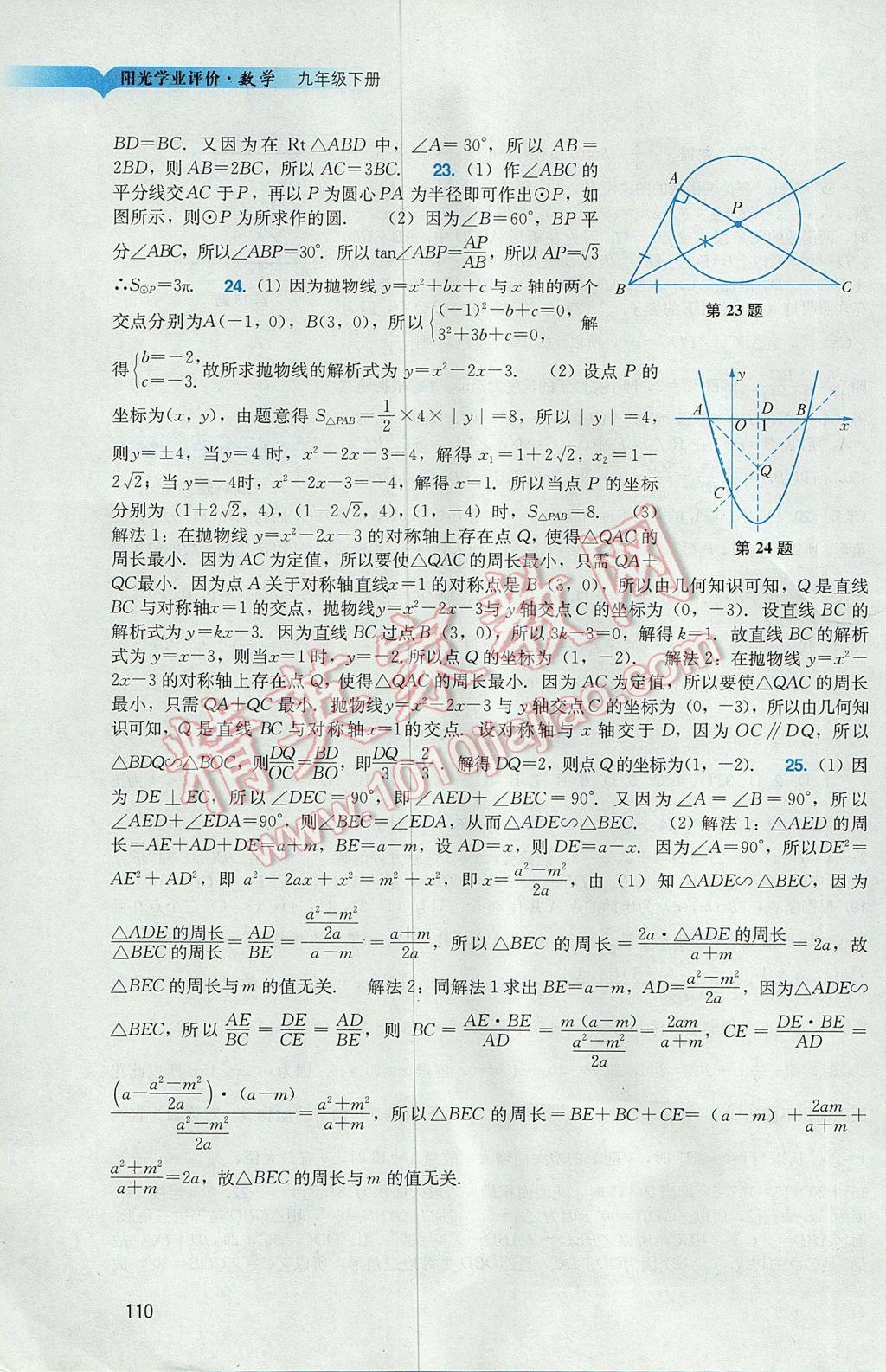 2017年陽光學(xué)業(yè)評價九年級數(shù)學(xué)下冊人教版 參考答案第10頁