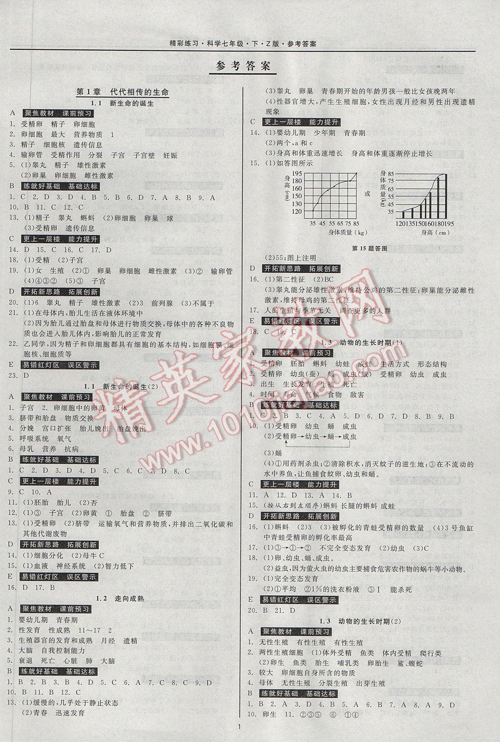 2017年精彩练习就练这一本七年级科学下册浙教版 参考答案第1页