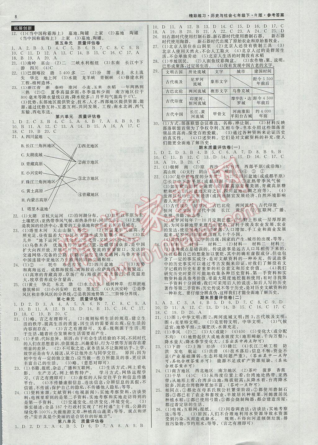 2017年精彩练习就练这一本七年级历史与社会下册人教版 参考答案第8页