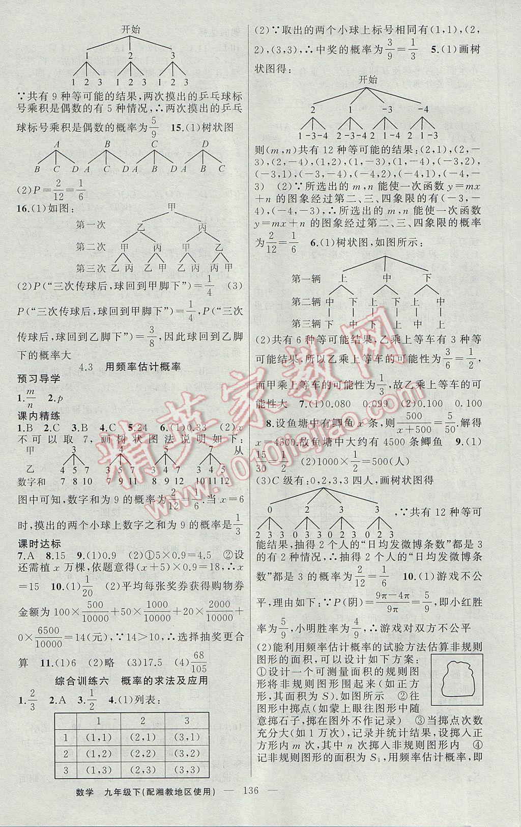 2017年黄冈金牌之路练闯考九年级数学下册湘教版 参考答案第16页