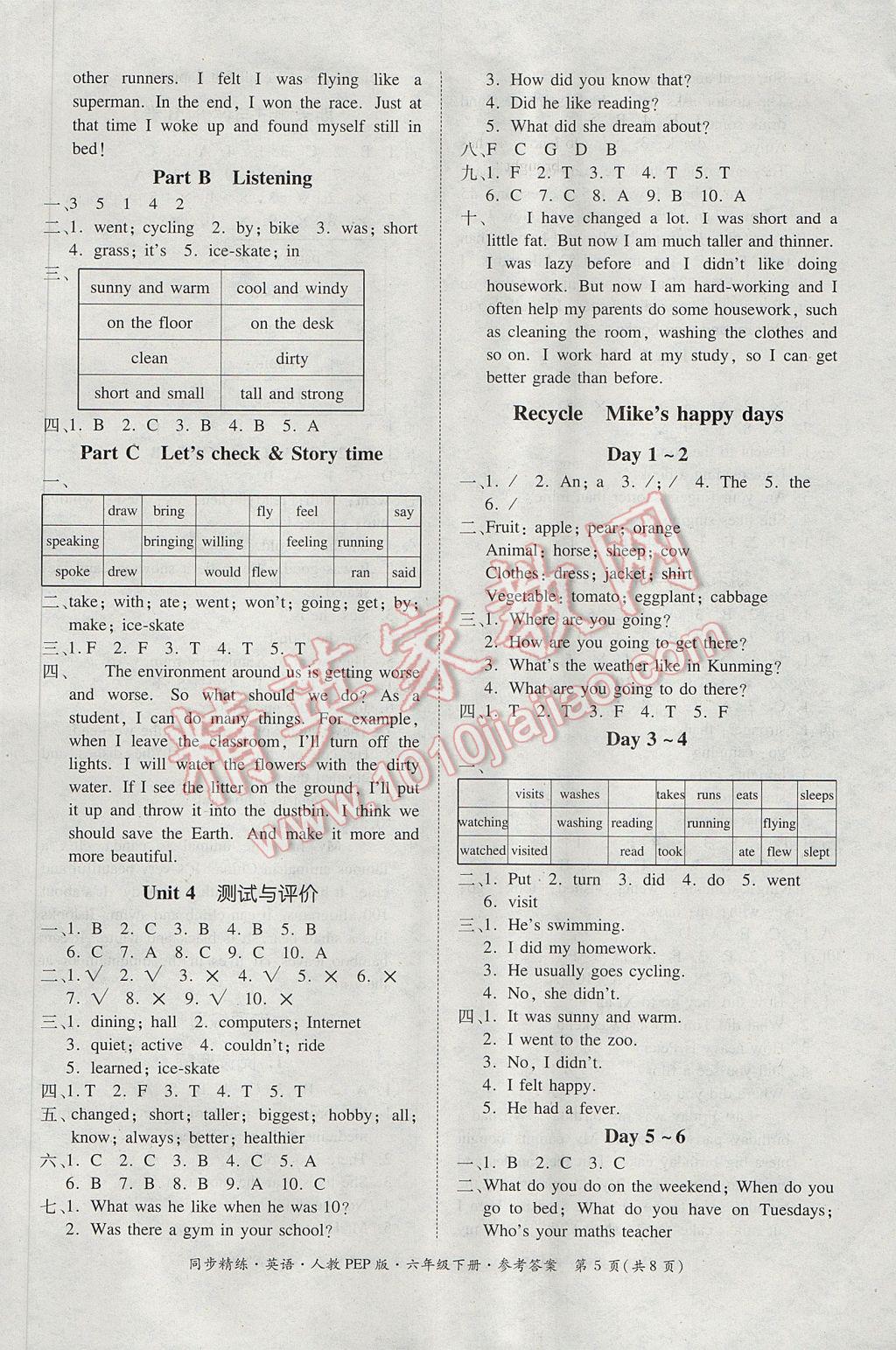 2017年同步精練新版六年級(jí)英語下冊(cè)人教PEP版 參考答案第5頁(yè)