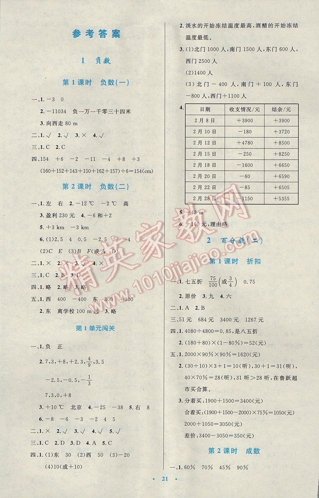 2017年小學(xué)同步測控優(yōu)化設(shè)計六年級數(shù)學(xué)下冊人教版 參考答案第1頁