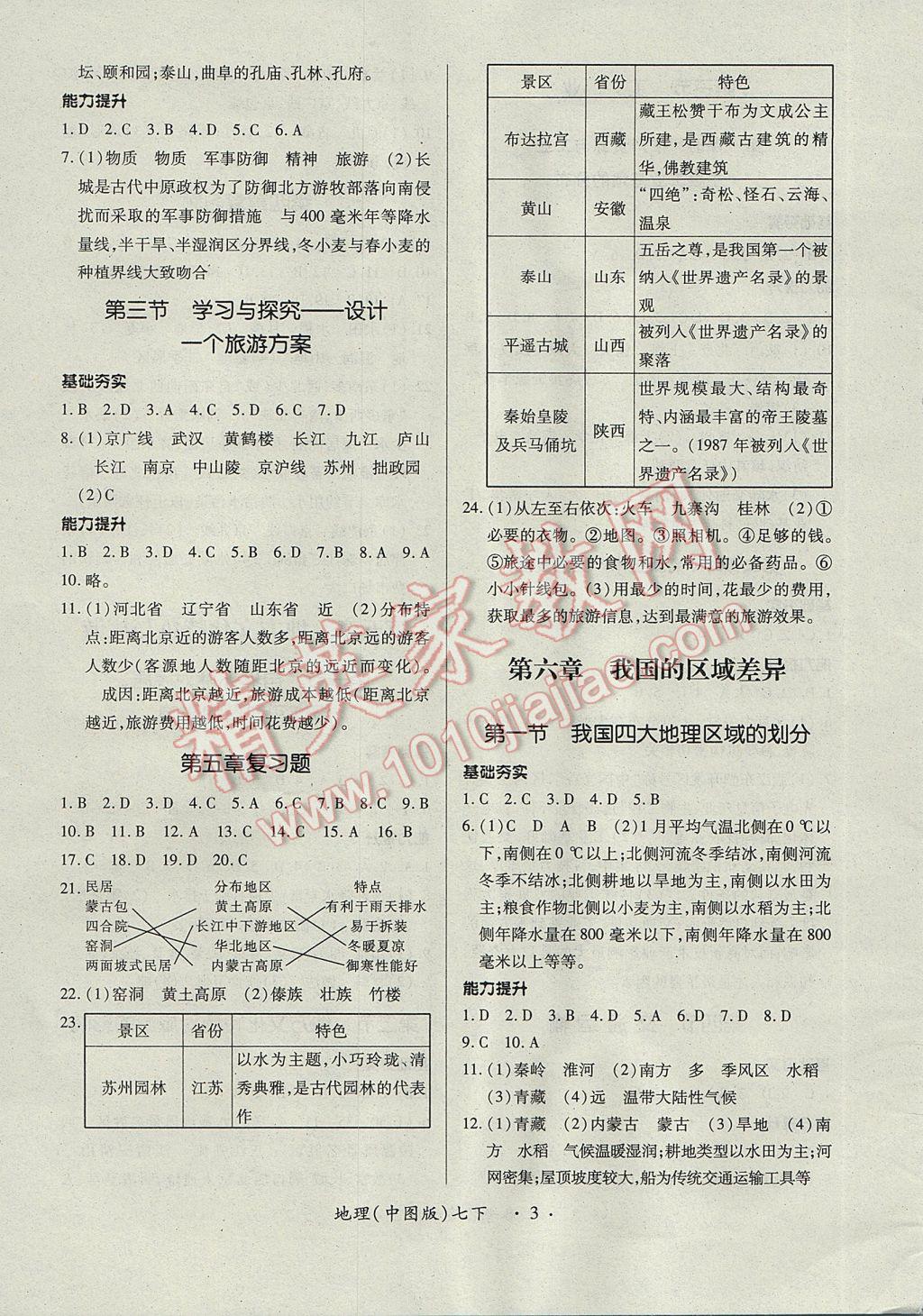 2017年一課一練創(chuàng)新練習(xí)七年級地理下冊中圖版 參考答案第3頁