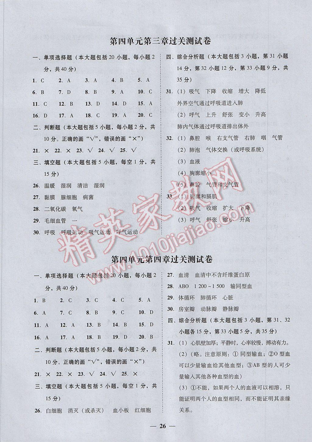 2017年百分导学七年级生物下册人教版 参考答案第2页