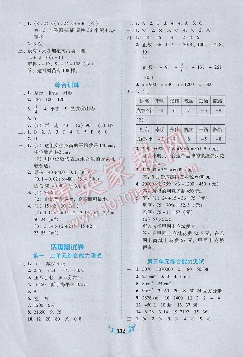 2017年百年學(xué)典課時(shí)學(xué)練測(cè)六年級(jí)數(shù)學(xué)下冊(cè)人教版 參考答案第10頁(yè)