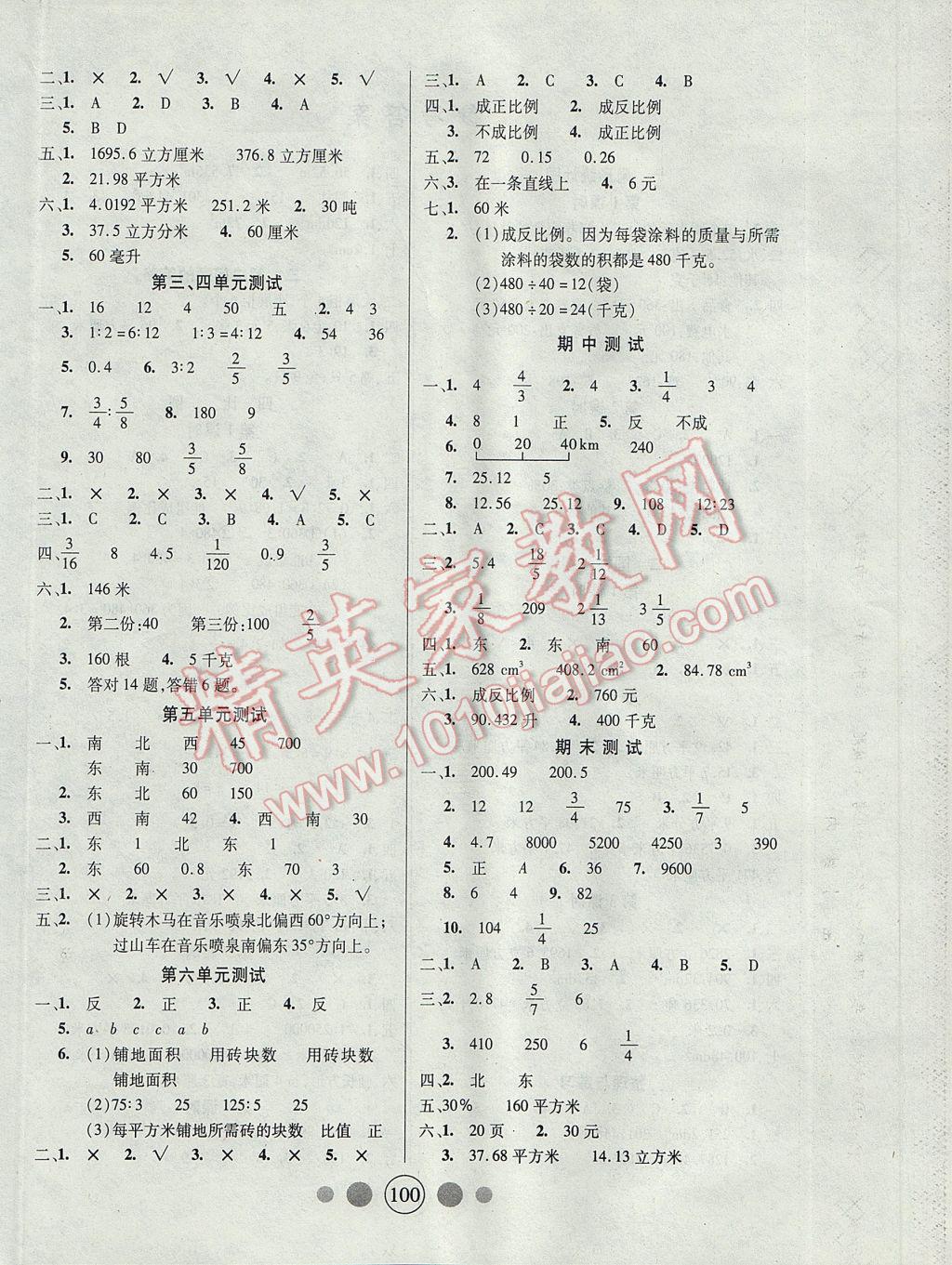 2017年精英教程100分攻略六年級(jí)數(shù)學(xué)下冊(cè)江蘇版 參考答案第4頁(yè)