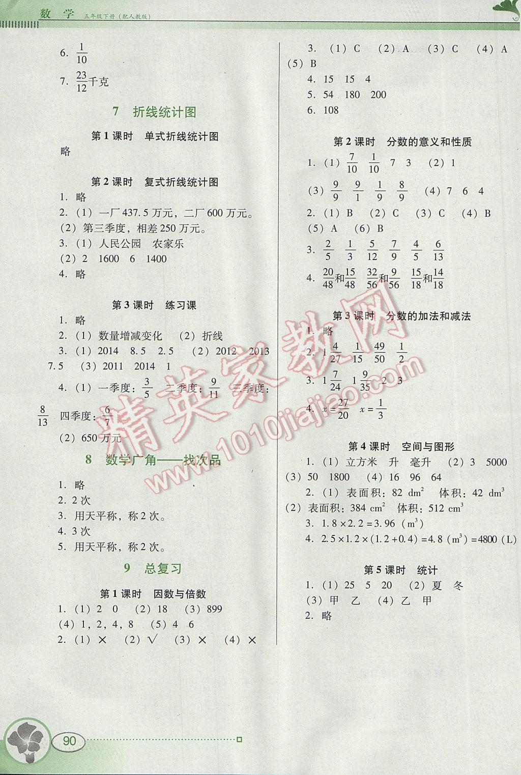 2017年南方新课堂金牌学案五年级数学下册人教版 参考答案第7页