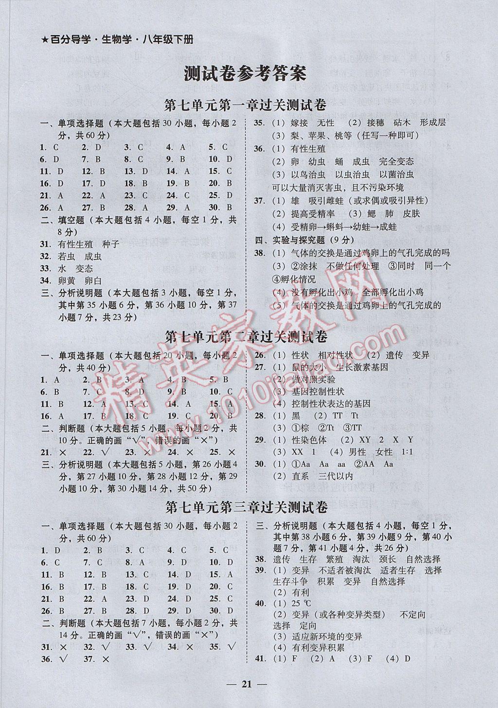 2017年易百分百分导学八年级生物学下册 参考答案第1页