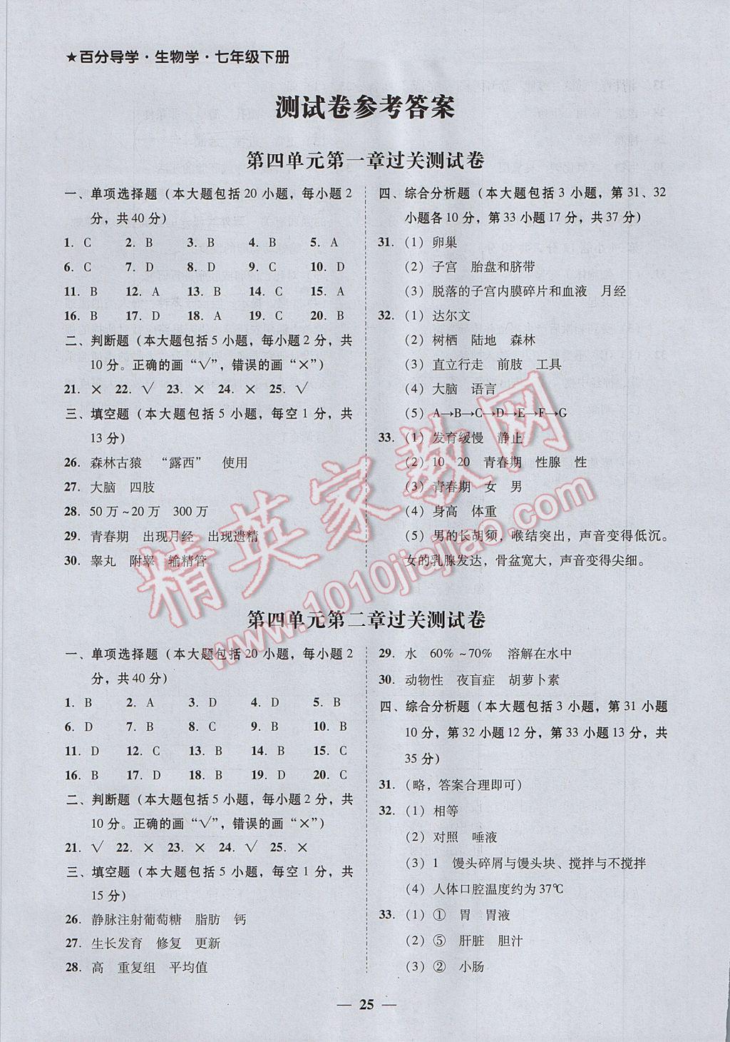 2017年百分导学七年级生物下册人教版 参考答案第1页