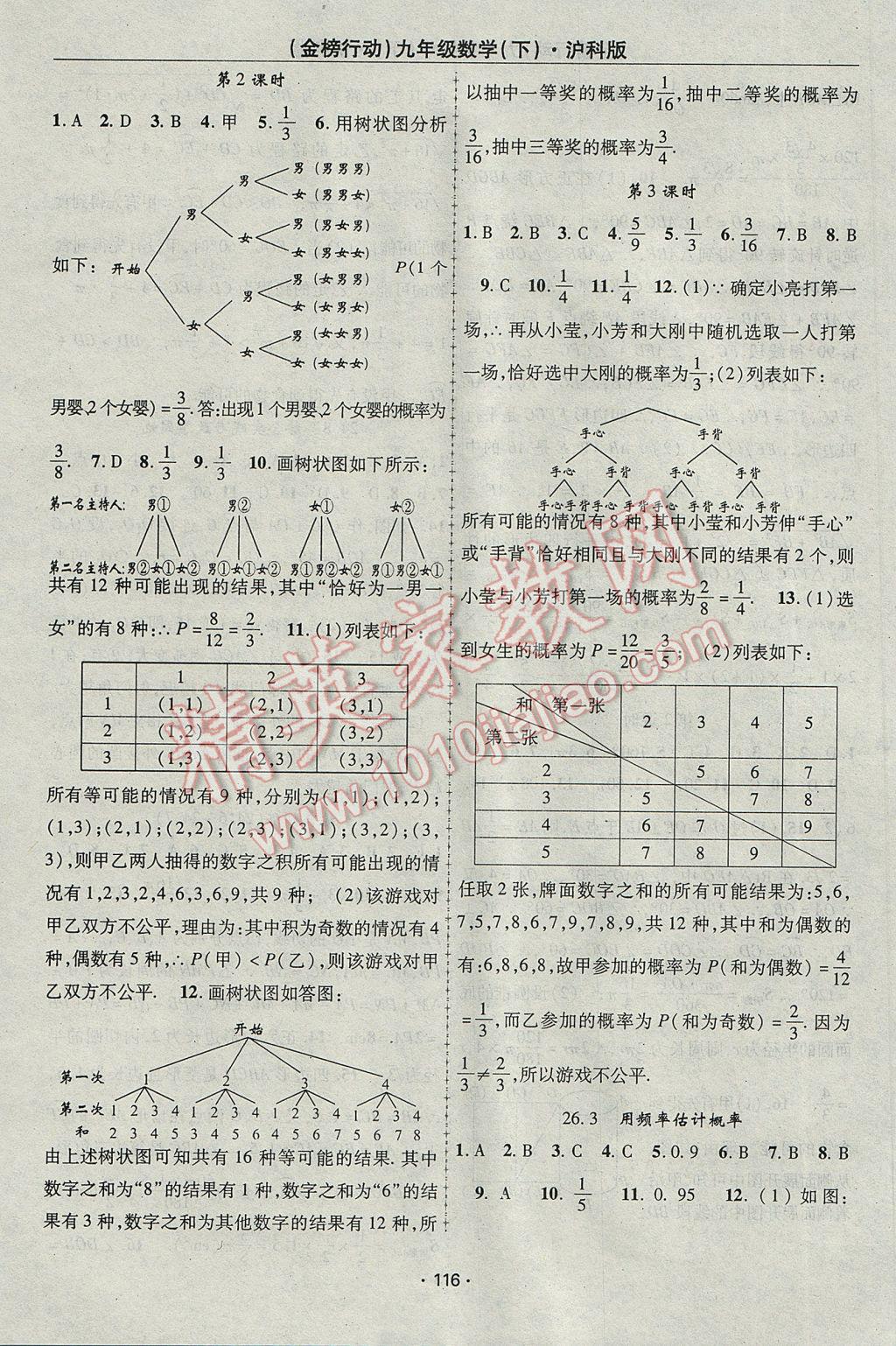 2017年金榜行動課時導(dǎo)學(xué)案九年級數(shù)學(xué)下冊滬科版 參考答案第12頁