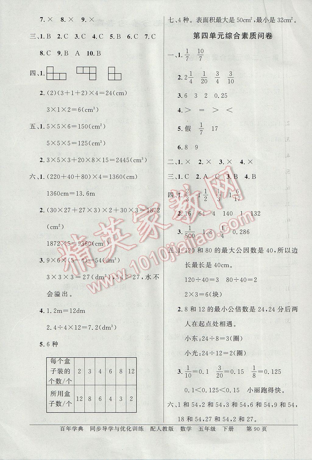 2017年同步导学与优化训练五年级数学下册人教版 综合素质问卷答案第10页