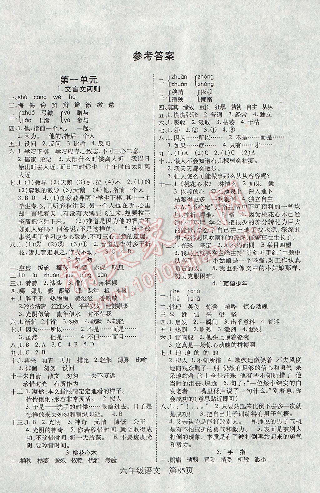 2017年淘金先锋课堂六年级语文下册 参考答案第1页