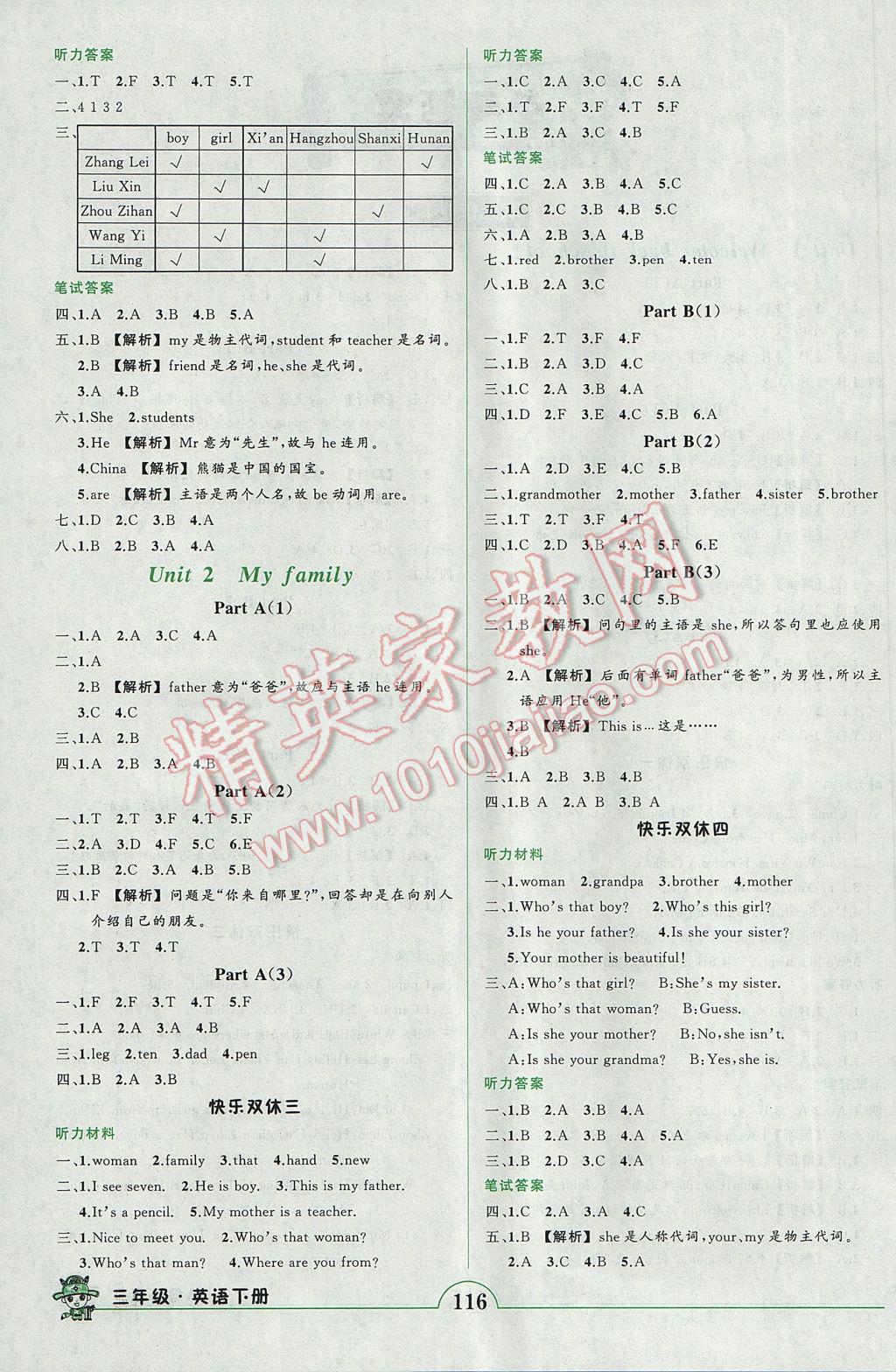 2017年黃岡狀元成才路狀元作業(yè)本三年級英語下冊人教PEP版 參考答案第2頁