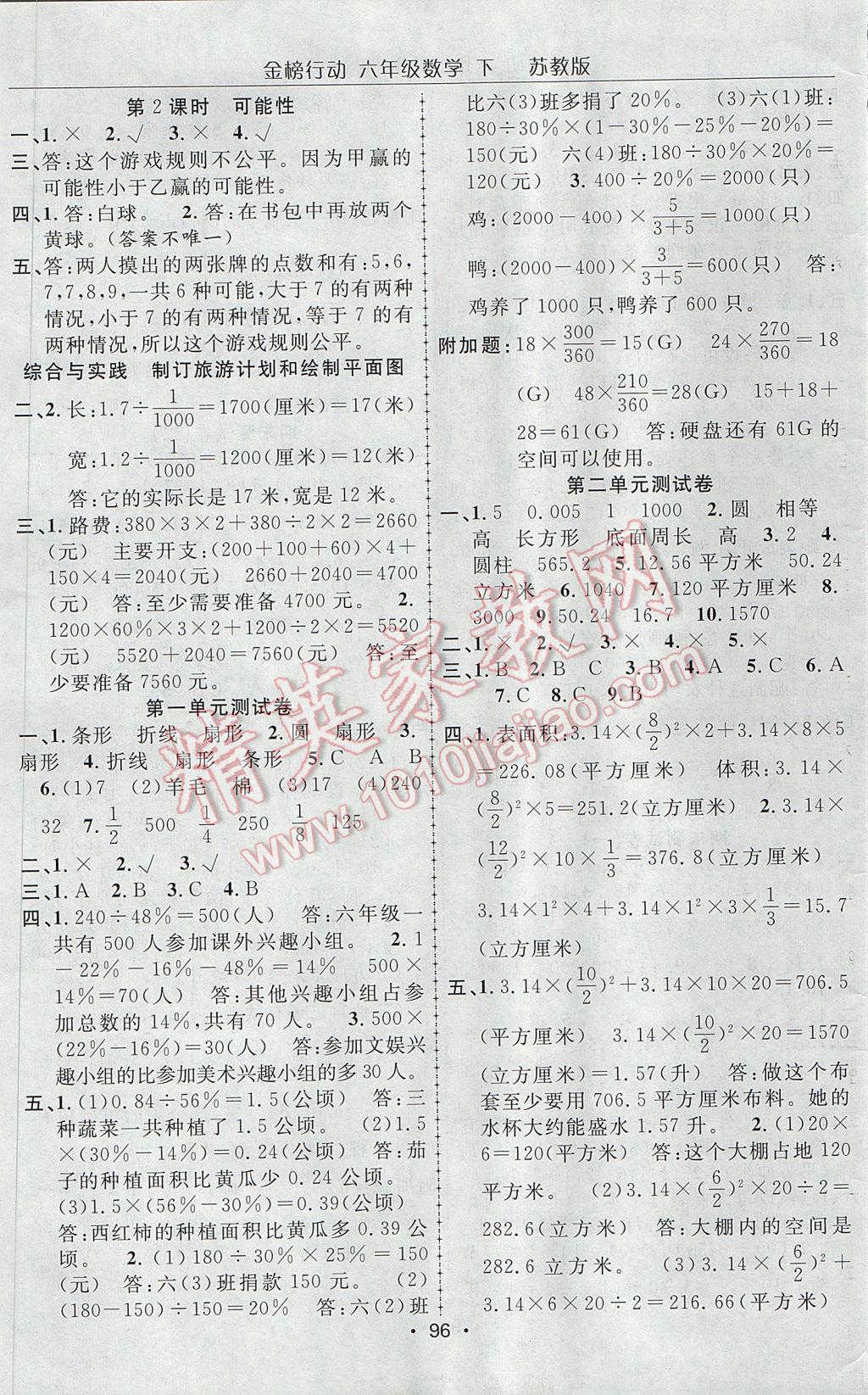 2017年金榜行動高效課堂助教型教輔六年級數(shù)學(xué)下冊蘇教版 參考答案第9頁