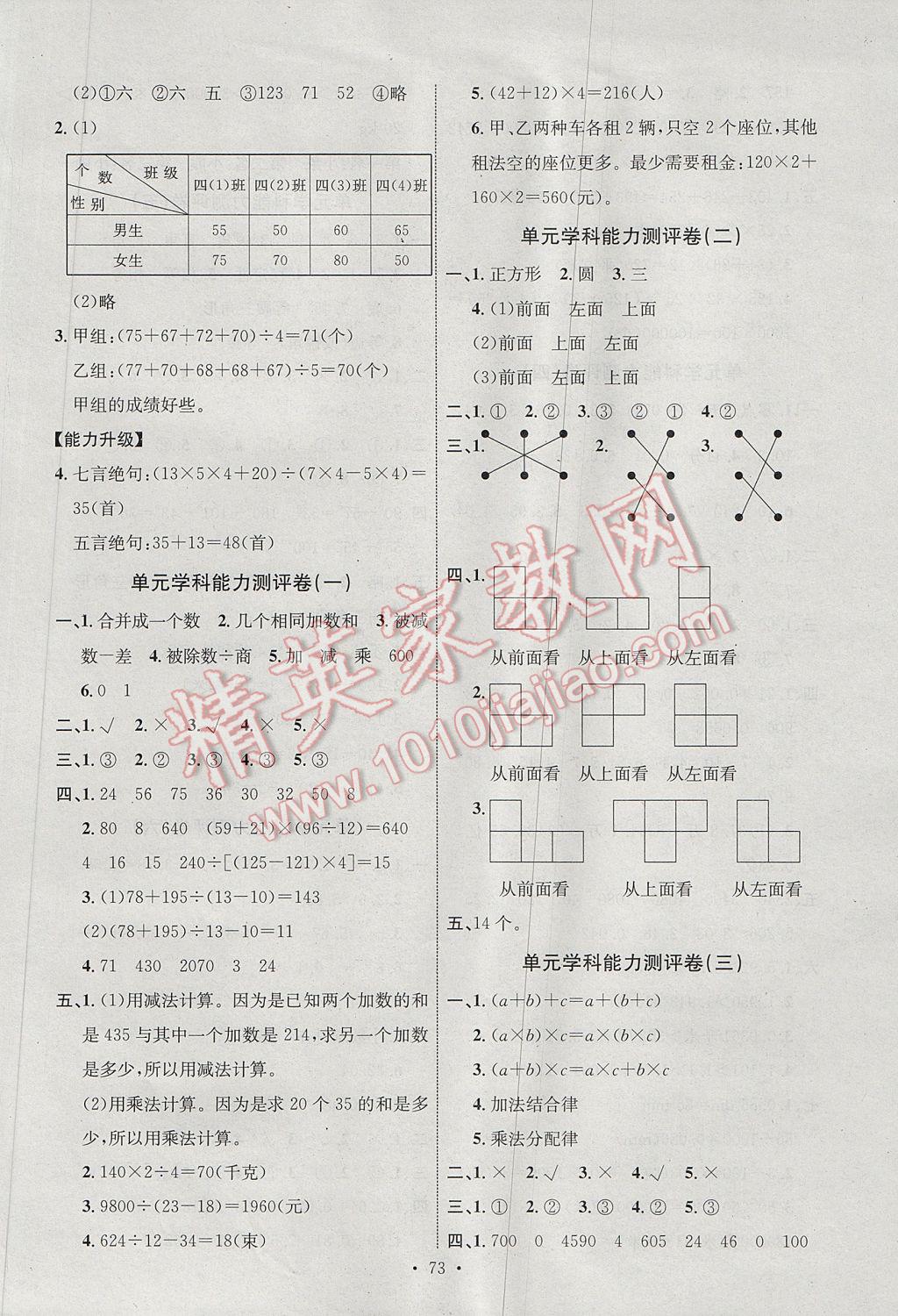 2017年能力培养与测试四年级数学下册人教版J 参考答案第13页