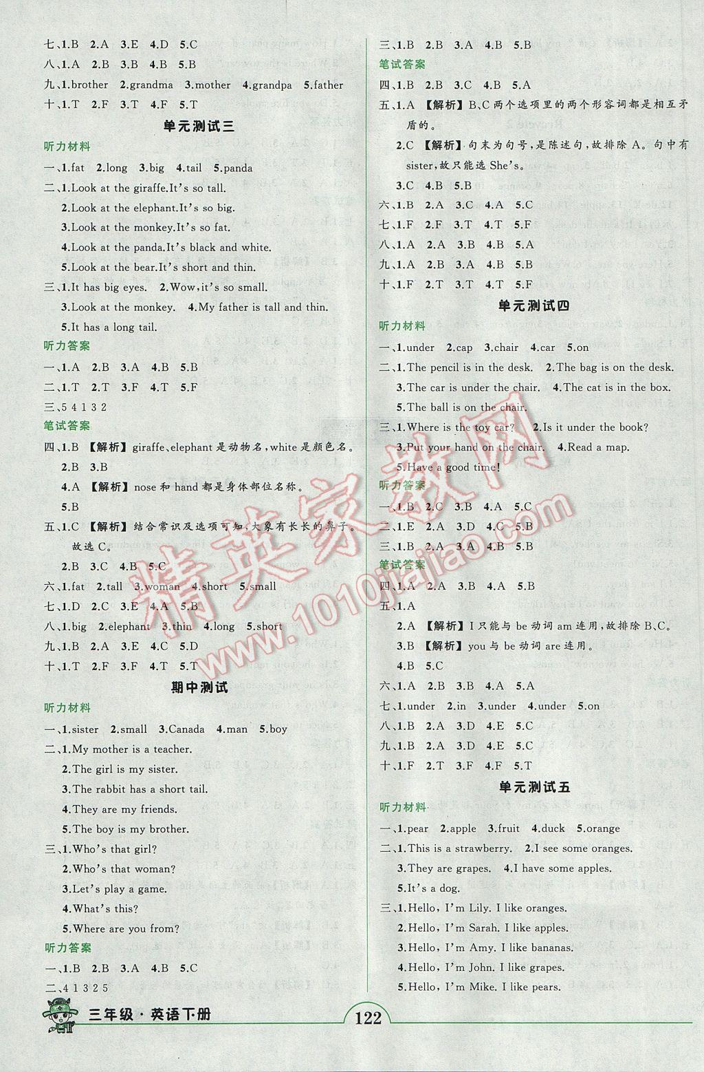 2017年黃岡狀元成才路狀元作業(yè)本三年級英語下冊人教PEP版 參考答案第8頁