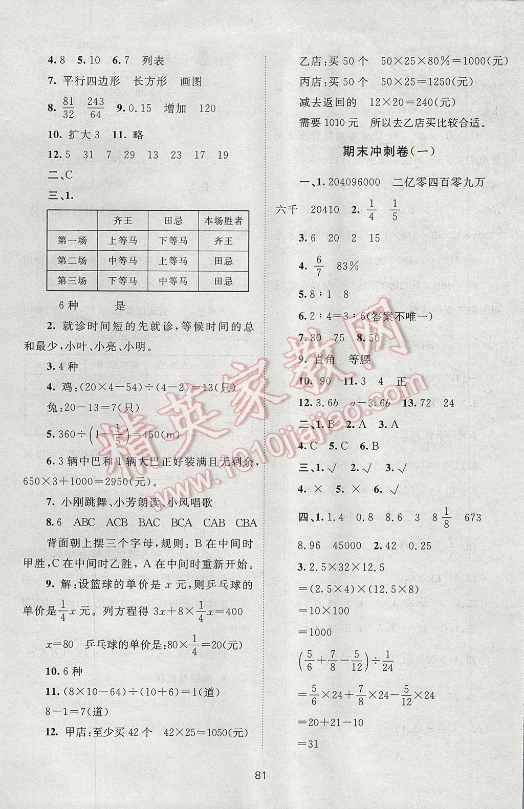 2017年新課標單元測試卷六年級數(shù)學(xué)下冊北師大版 參考答案第9頁