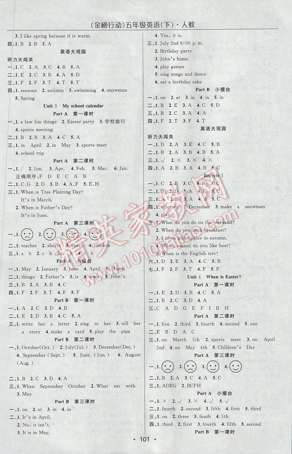 2017年金榜行動高效課堂助教型教輔五年級英語下冊人教PEP版 參考答案第2頁