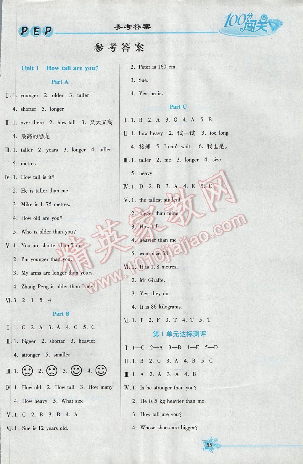 2017年100分闖關(guān)課時作業(yè)六年級英語下冊人教PEP版 參考答案第1頁