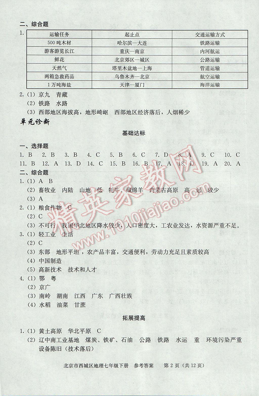 2017年學(xué)習(xí)探究診斷七年級(jí)地理下冊(cè) 參考答案第2頁(yè)