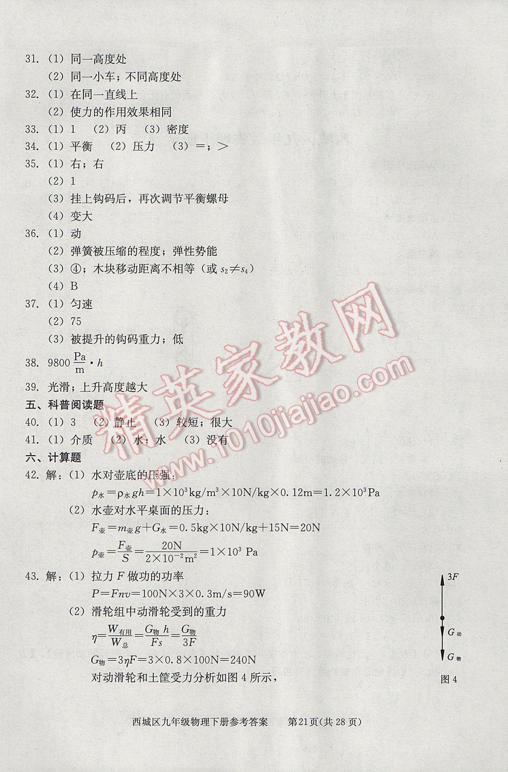 2017年学习探究诊断九年级物理下册 参考答案第21页