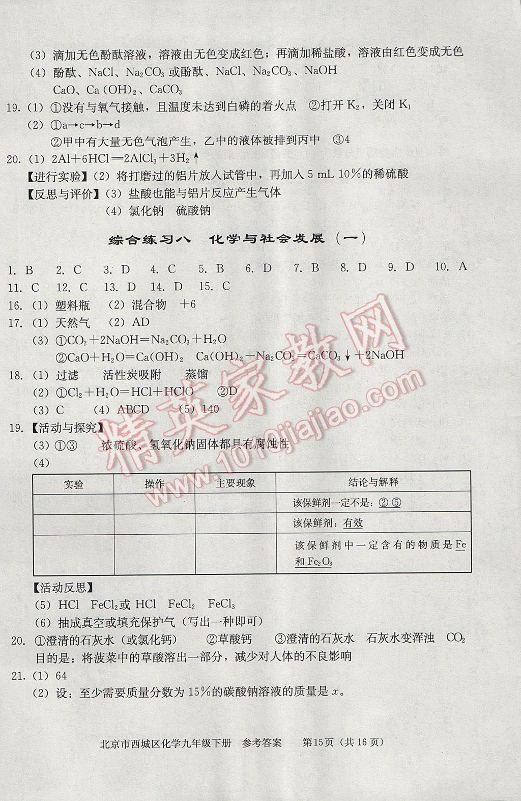 2017年學習探究診斷九年級化學下冊 參考答案第15頁