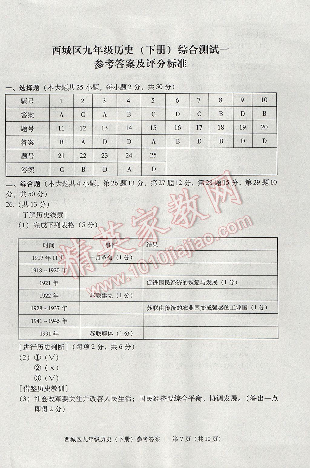 2017年學(xué)習(xí)探究診斷九年級歷史下冊 參考答案第7頁