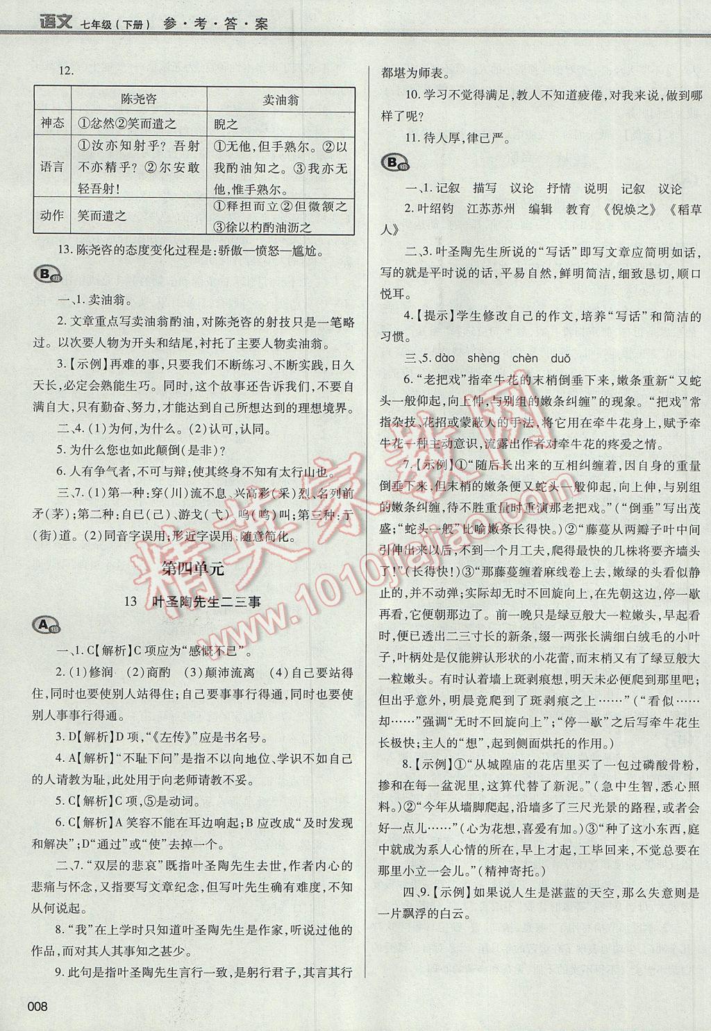 2017年学习质量监测七年级语文下册人教版 参考答案第8页