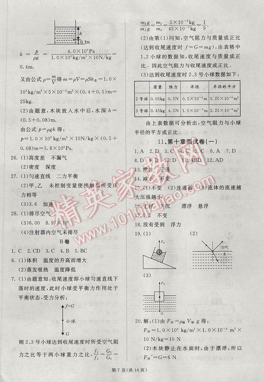 2017年权威考卷八年级物理下册教科版 参考答案第7页