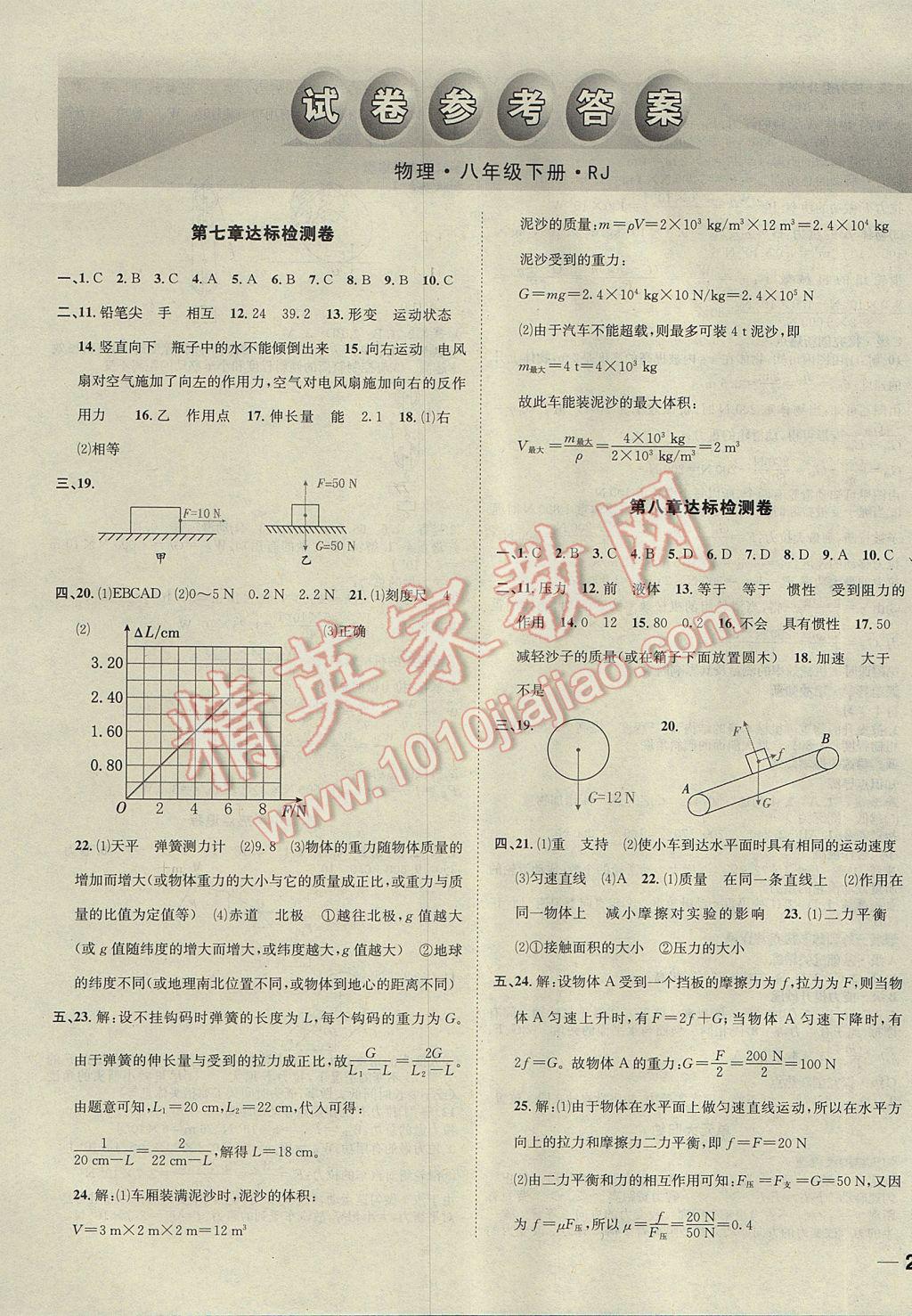 2017年名校秘题全程导练八年级物理下册人教版 参考答案第11页