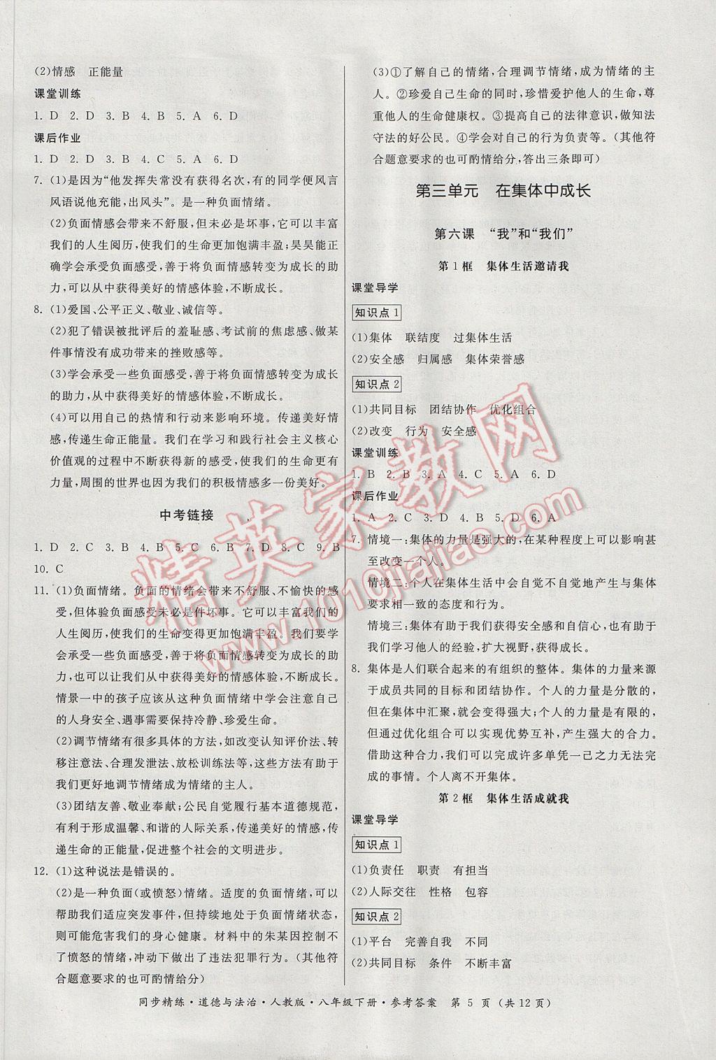 2017年名師小課堂同步精練七年級(jí)道德與法治下冊(cè)人教版 參考答案第5頁(yè)