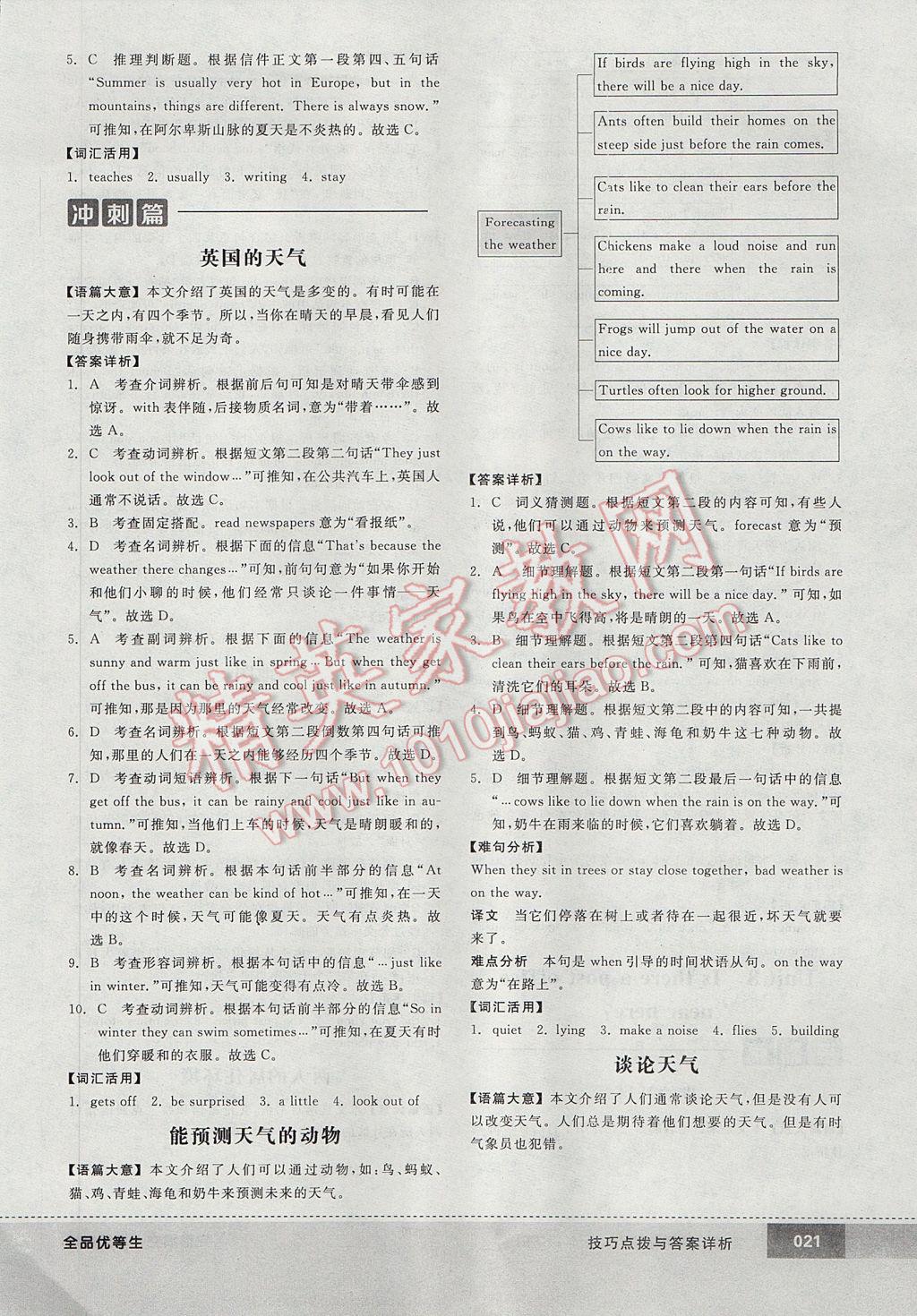 2017年全品优等生完形填空加阅读理解七年级英语下册人教版 参考答案第21页