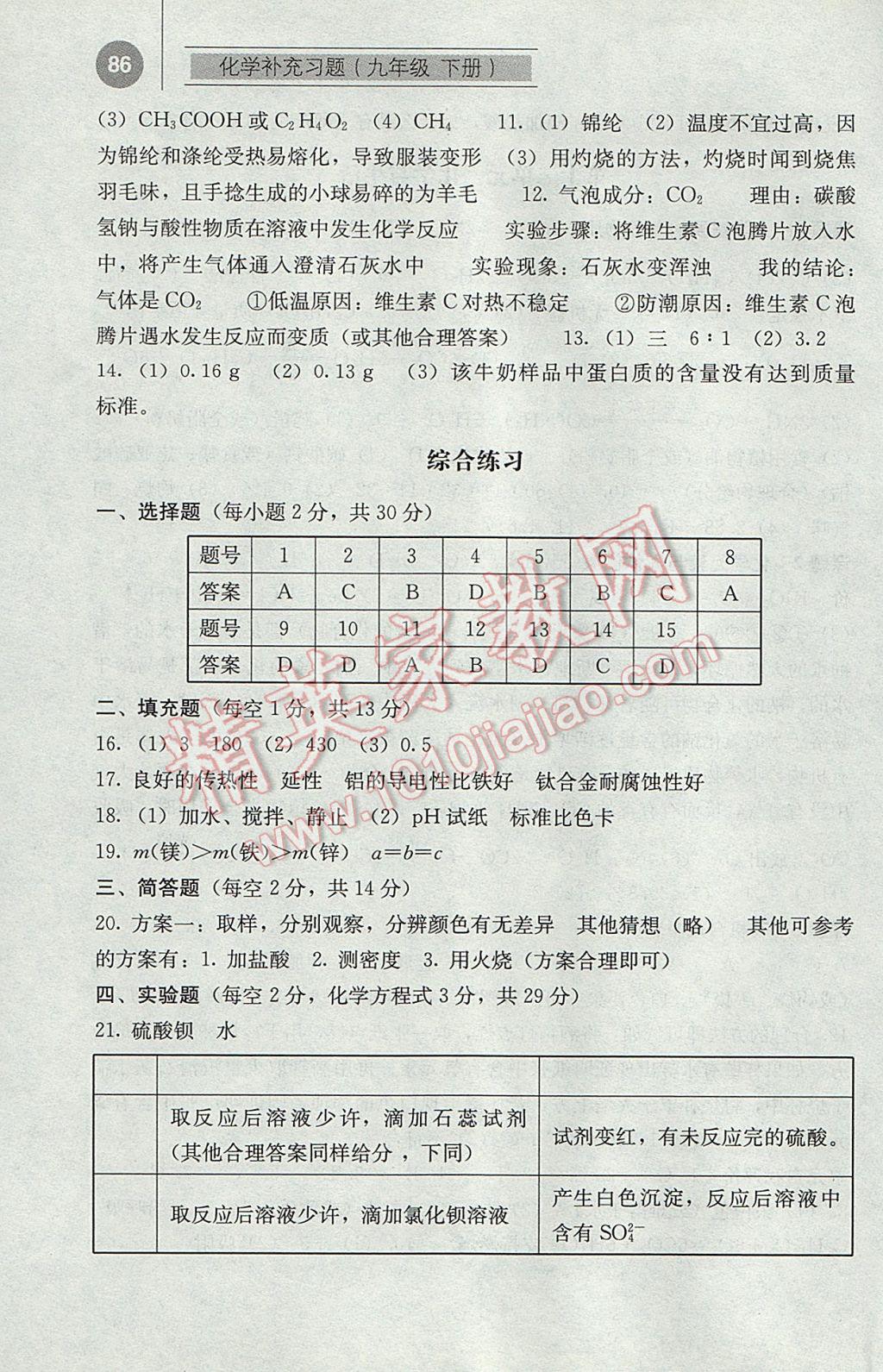 2017年补充习题九年级化学下册人教版人民教育出版社 参考答案第8页