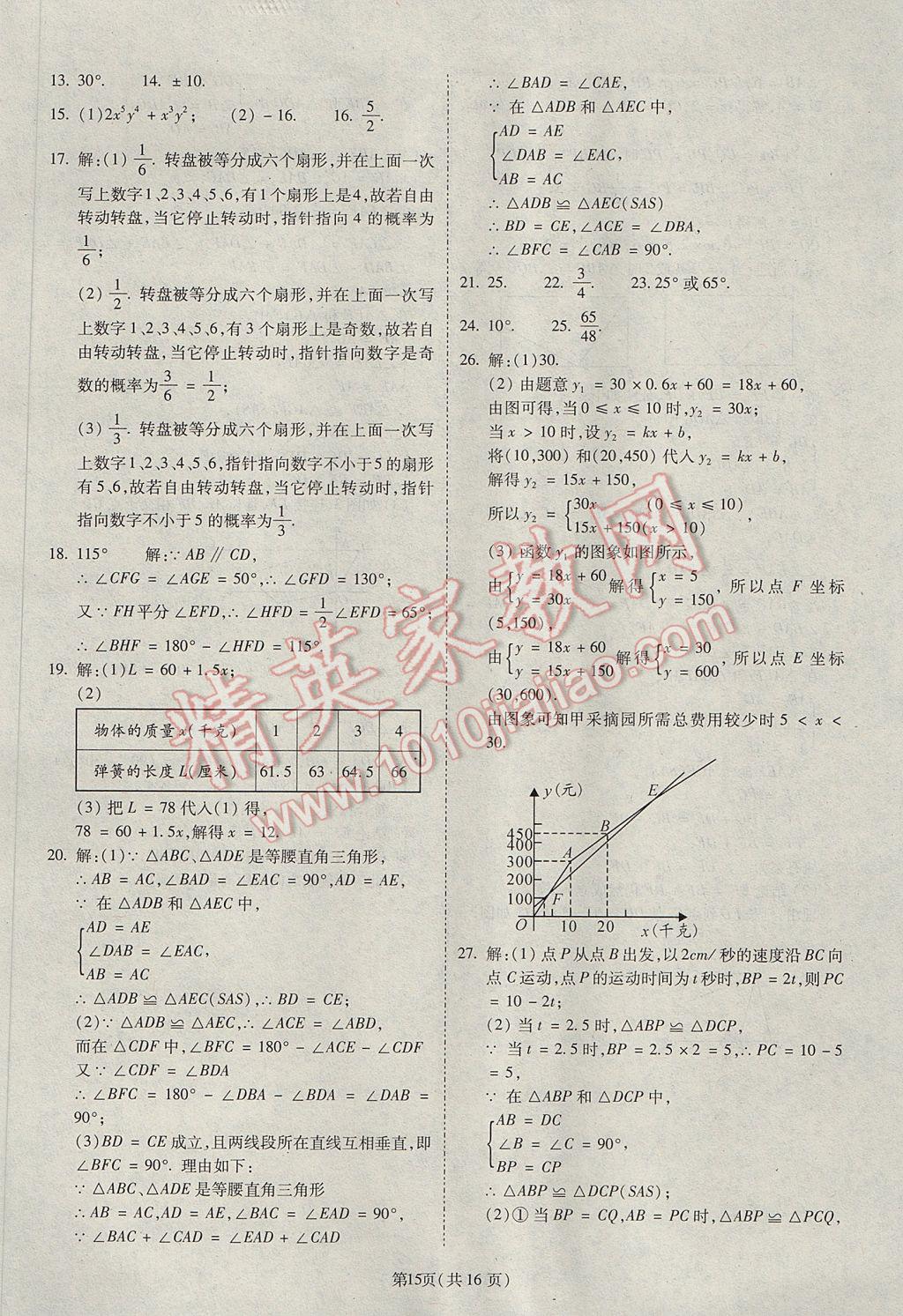 2017年權(quán)威考卷七年級(jí)數(shù)學(xué)下冊(cè)北師大版 參考答案第15頁(yè)