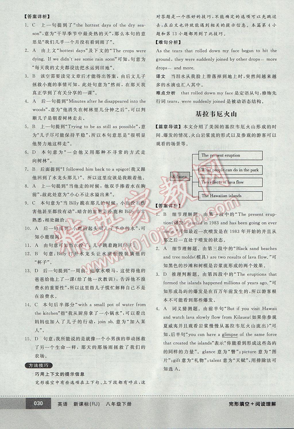 2017年全品优等生完形填空加阅读理解八年级英语下册人教版 参考答案第30页