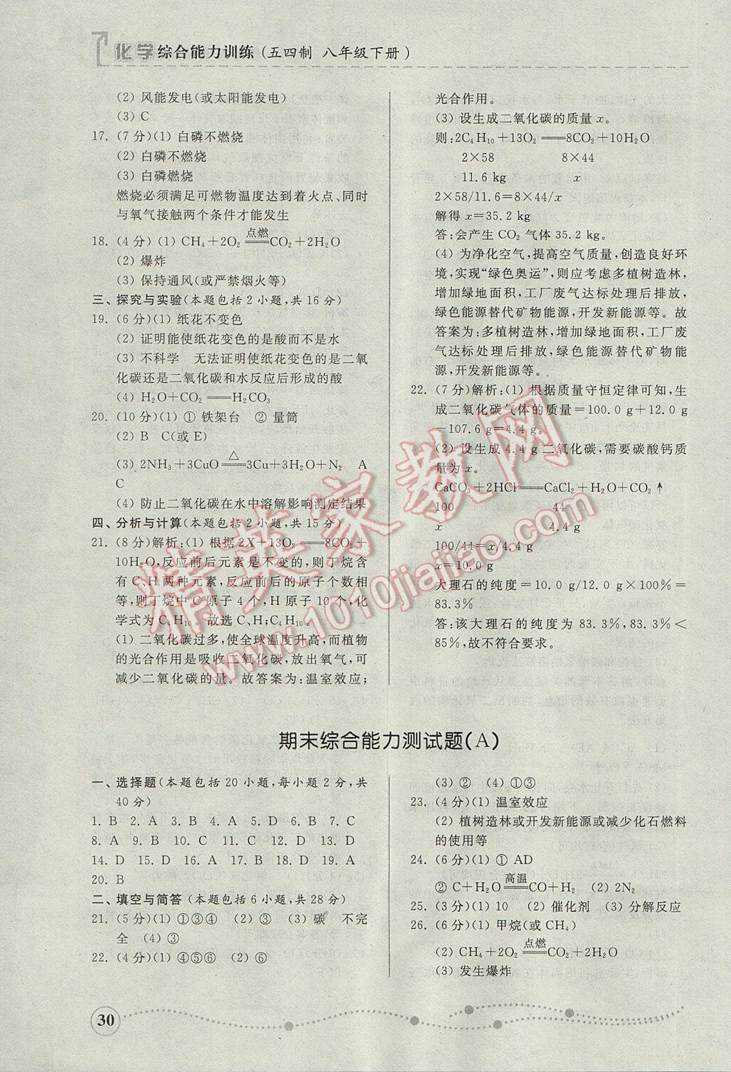 2017年綜合能力訓練八年級化學下冊魯教版五四制 參考答案第29頁