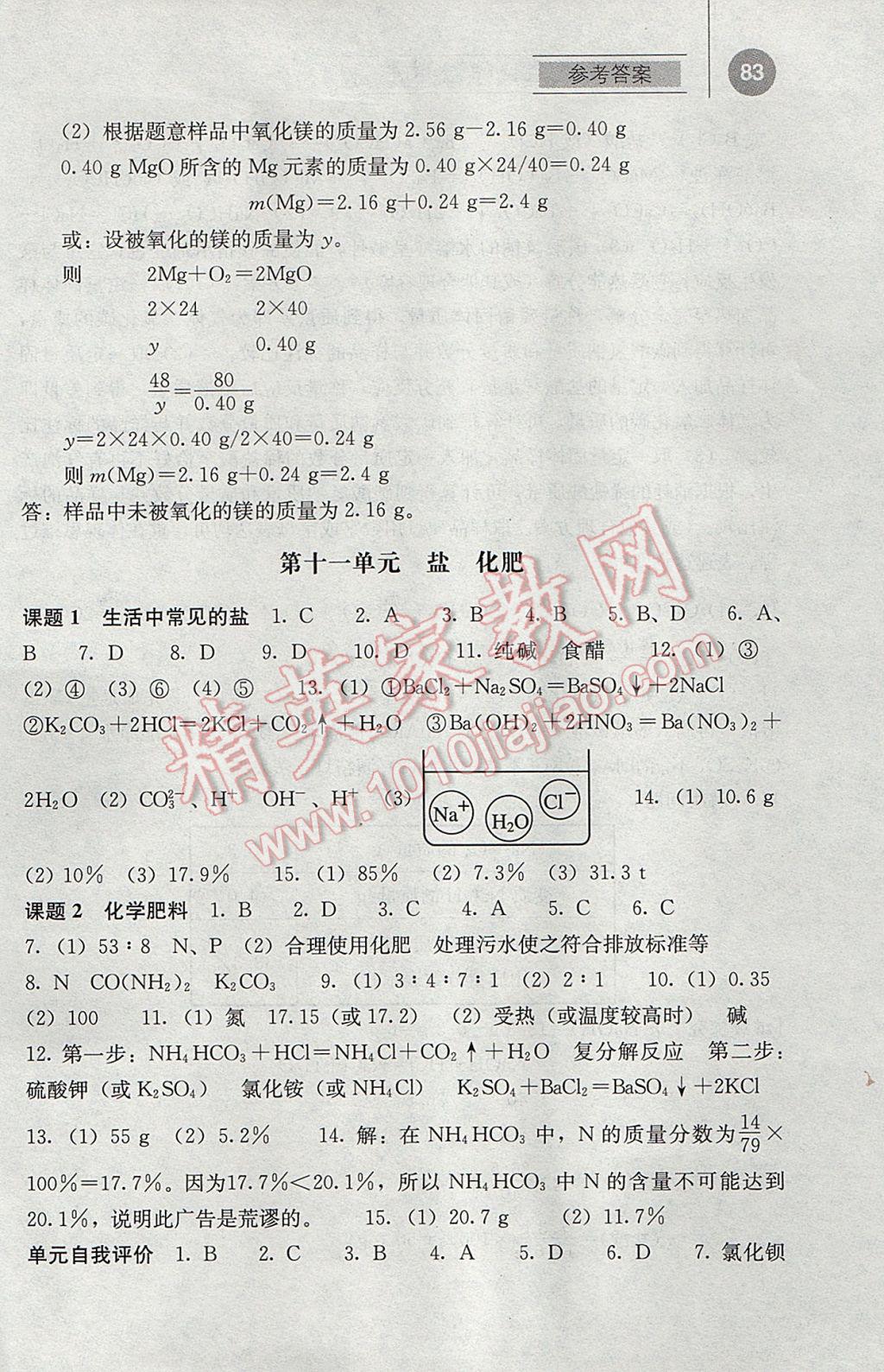 2017年补充习题九年级化学下册人教版人民教育出版社 参考答案第5页