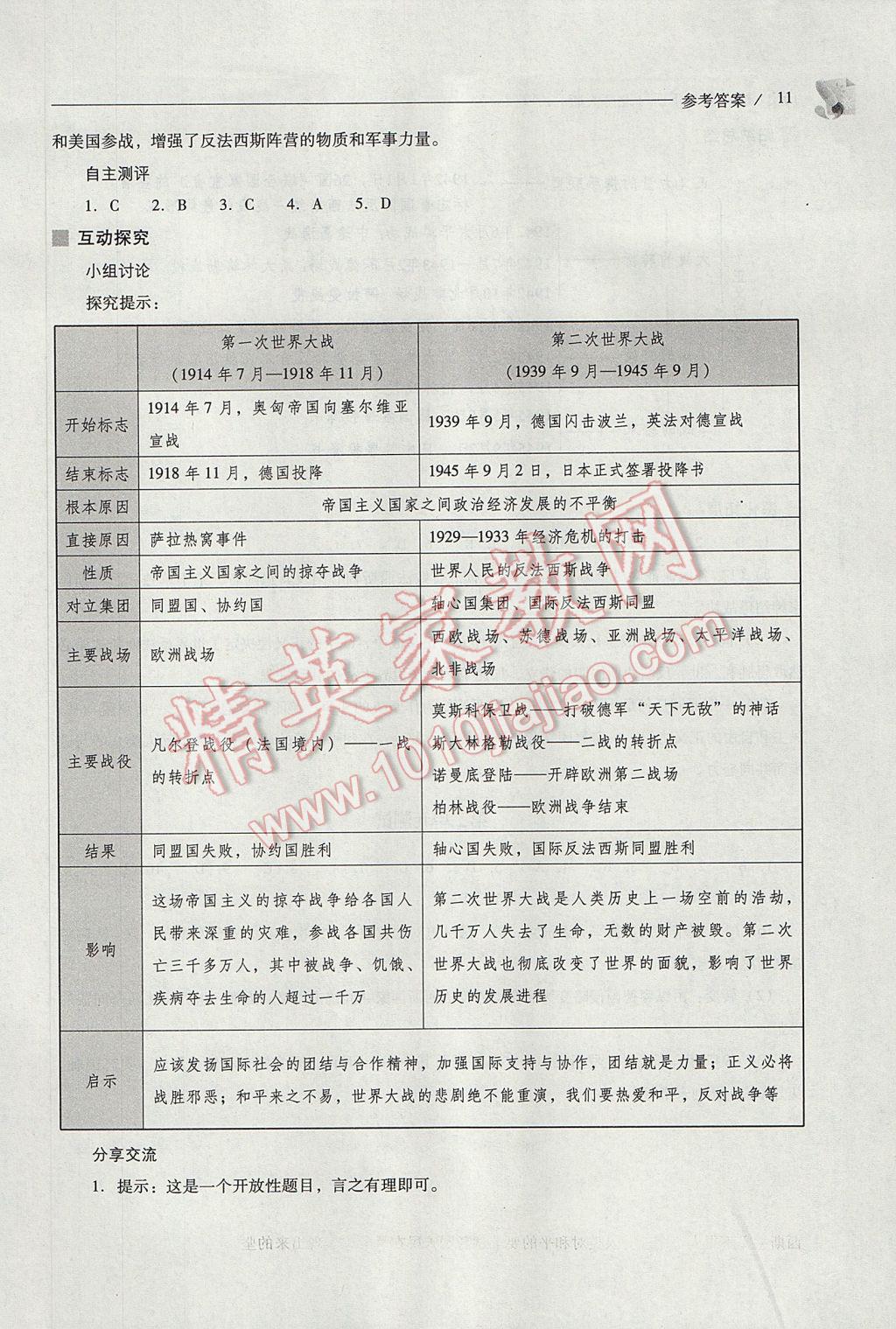 2017年新課程問題解決導(dǎo)學(xué)方案九年級歷史下冊北師大版 參考答案第11頁