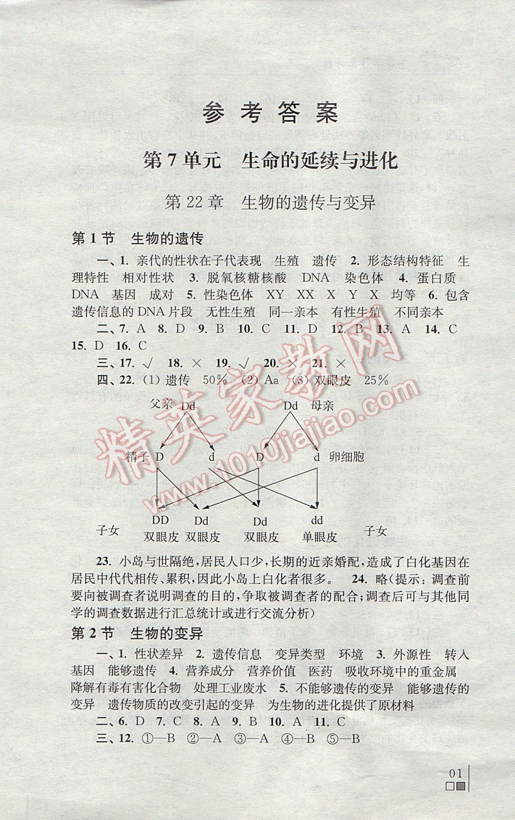 2017年生物學(xué)補充習(xí)題八年級下冊蘇科版江蘇鳳凰科學(xué)技術(shù)出版社 參考答案第2頁