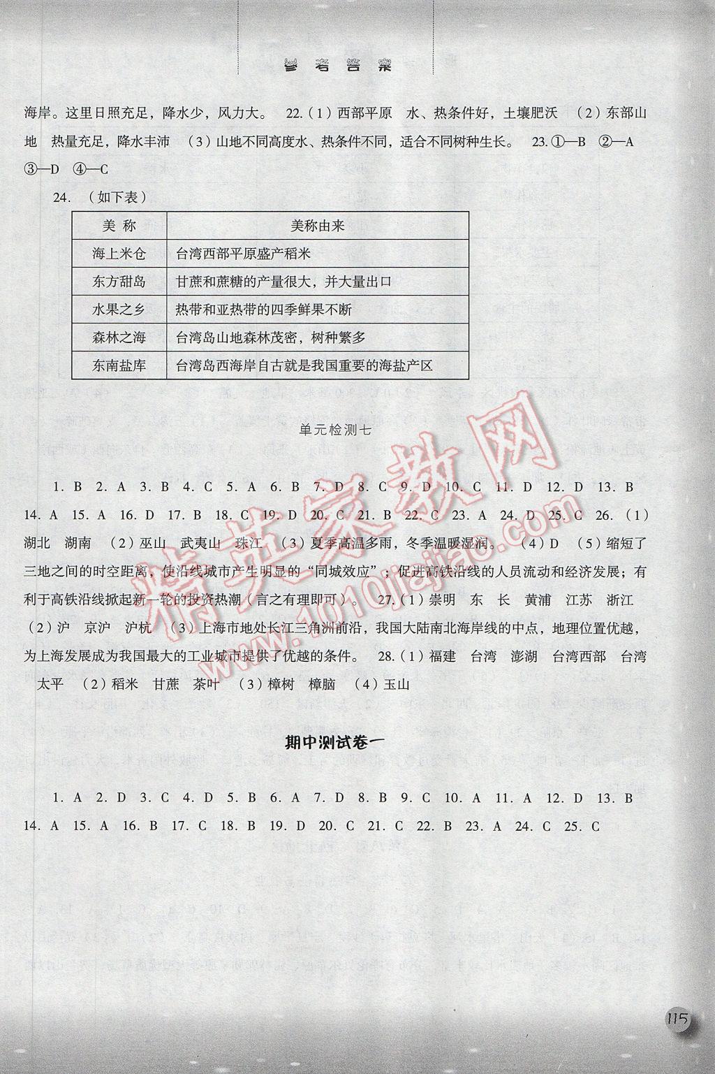 2017年同步训练八年级地理下册人教版河北人民出版社 参考答案第7页