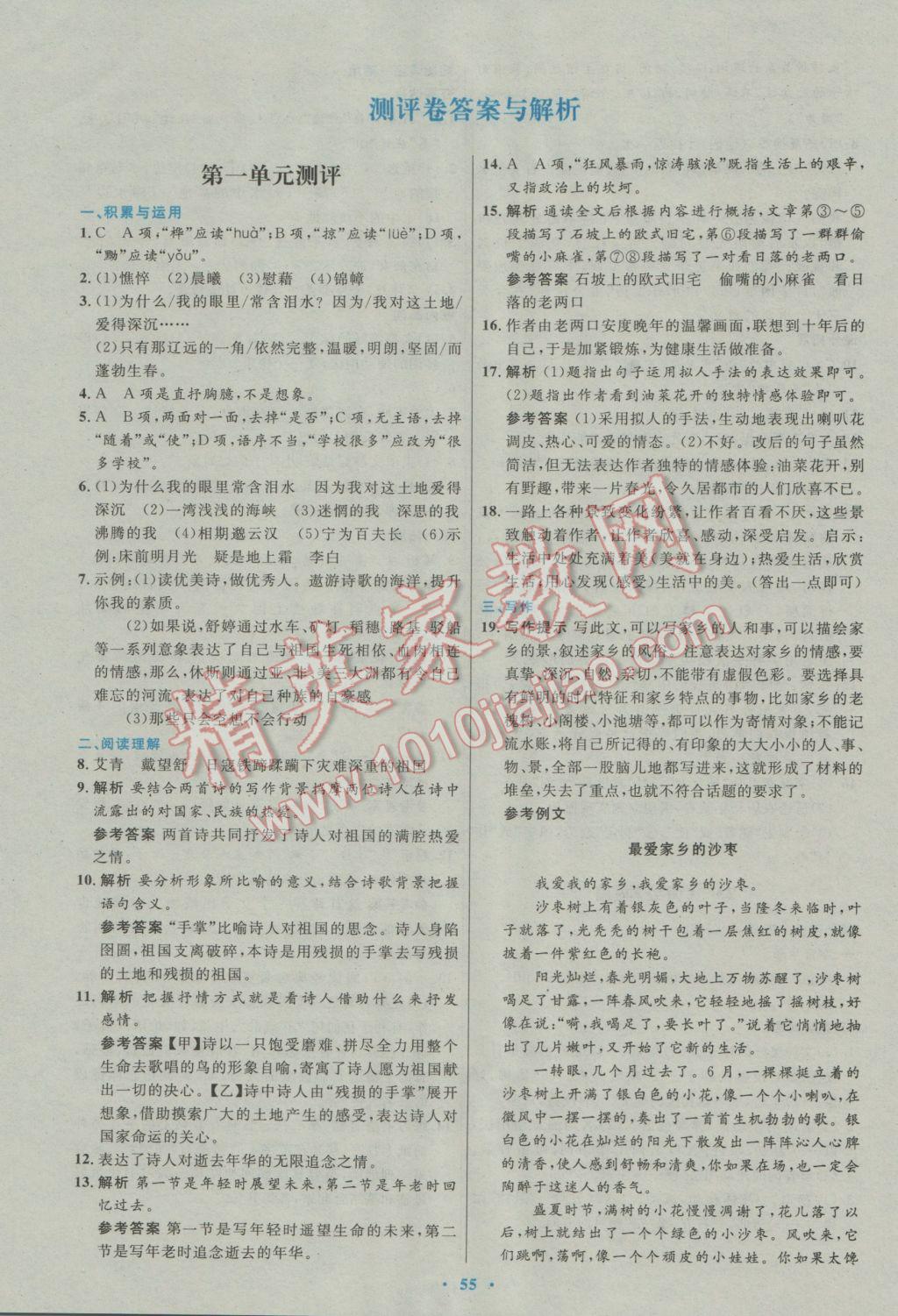 2017年初中同步測控優(yōu)化設(shè)計九年級語文下冊人教版 參考答案第19頁